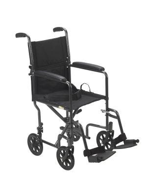 Transport Chair Steel Frame with Silver Vein Finish 250 lbs. Weight Capacity Padded Arm Black Upholstery